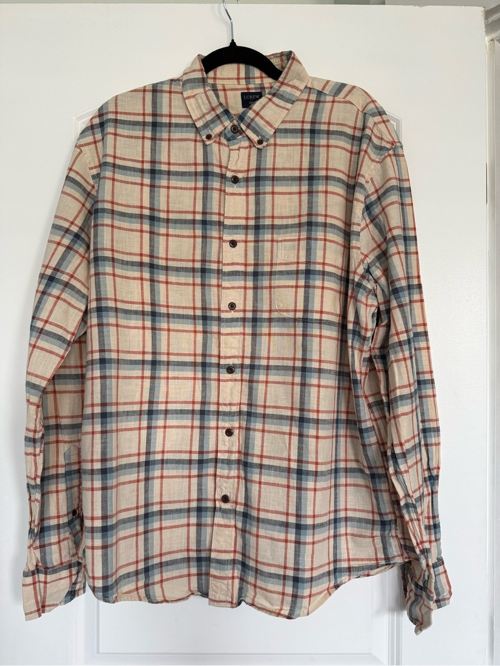 J. Crew Beige Plaid Button-Down Shirt with Blue and Red Accent Mens XL